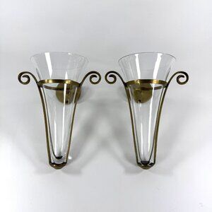 Vintage Brass Wall Sconce Vase Holder Glass Cone Planter Hanging Decor Set Of 2